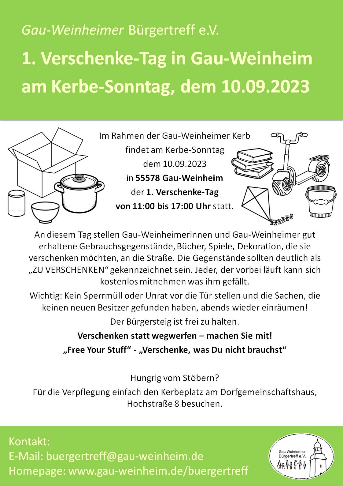 1. Verschenke-Tag in Gau-Weinheim am Kerbe-Sonntag 10.09.2023
