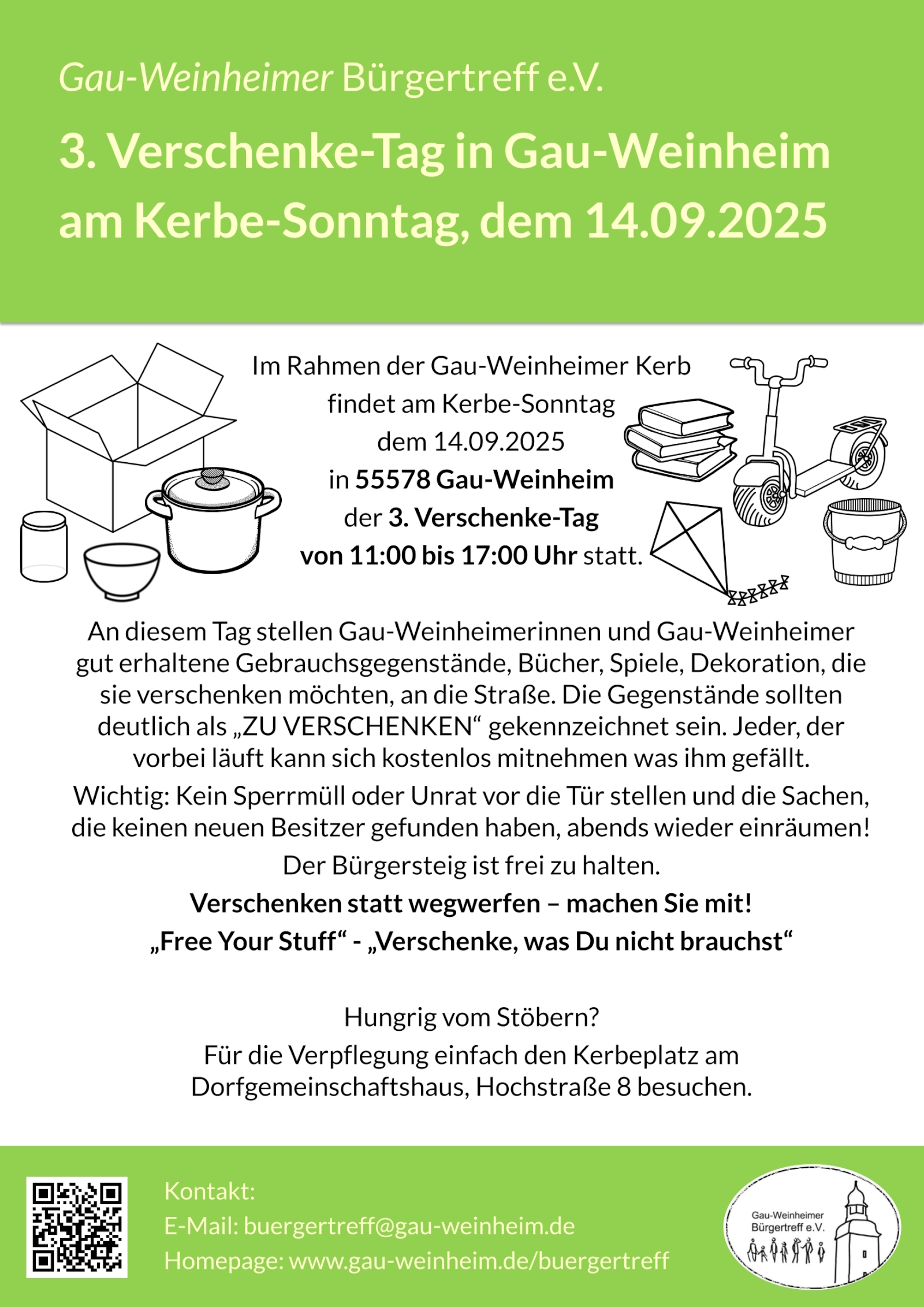 3. Verschenke-Tag 11:00 bis 17:00 Uhr - Gau-Weinheimer Bürgertreff e.V. - 14.09.2025 3. Verschenke-Tag 11:00 bis 17:00 Uhr - Gau-Weinheimer Bürgertreff e.V. - 14.09.2025